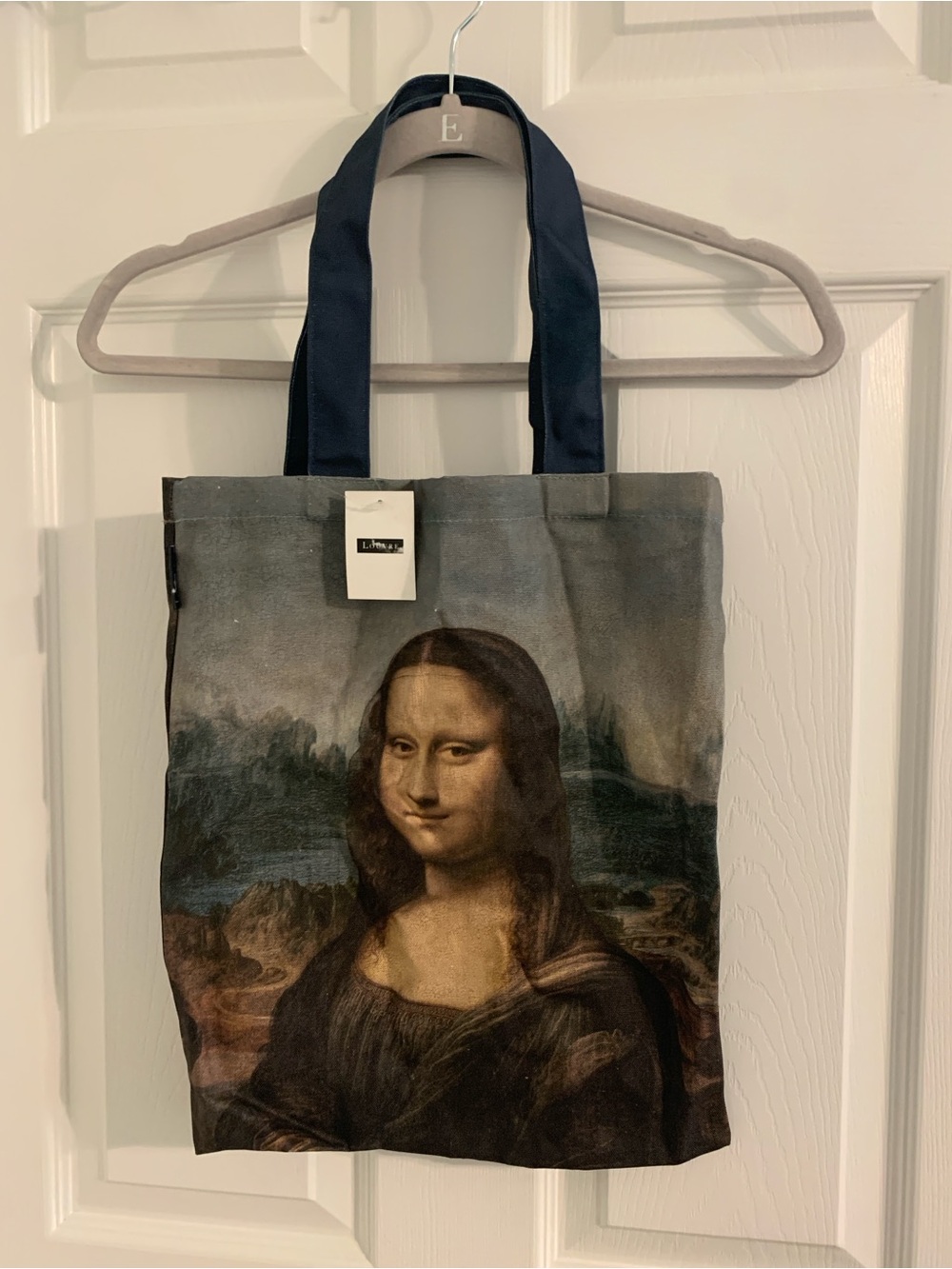 Mona Lisa Print Tote Bag in Dark Blue and Brown